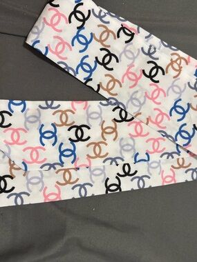 Source Unknown White Twilly Scarf with Multicolor Logo Motif